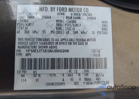 2008 Ford Explorer Xlt z USA, uszkodzony, nr VIN 1FMEU73E08UB00206